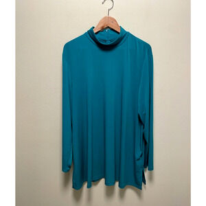 Susan Graver Womens Top 2X Teal Long Sleeve Liquid Knit Stretch Mock Neck Casual